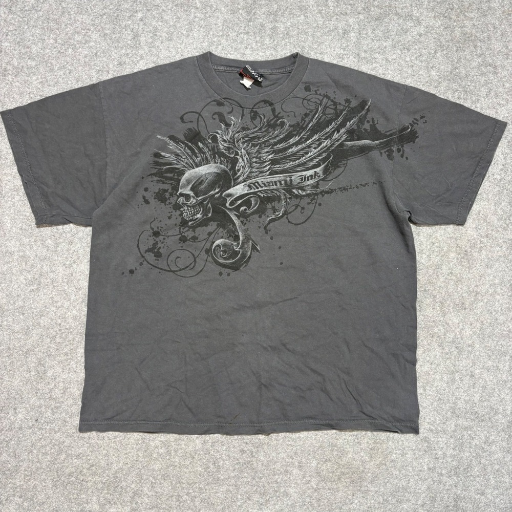 Vintage 2007 Miami Ink Skull Wing Graphic T-Shirt Mens XL Charcoal Gray Cotton